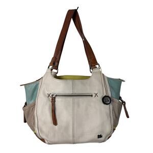 **The Sak Leather Tote Bag Ivory Aqua Brown Colorblock Shoulder Purse Large**